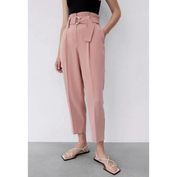 NWOT Zara pink paperbag elastic high waist belted crop trouser pants, S - Picture 3 of 9